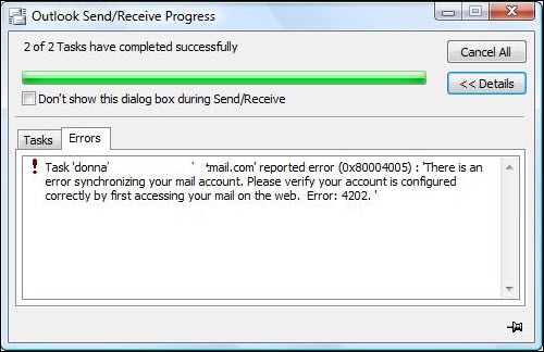 hotmail connector sync error 4202