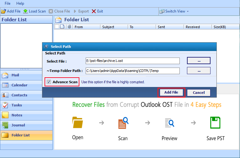 add outlook ost file location