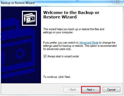 Welcome to Backup or Restore Wizard”