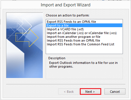 select export file option