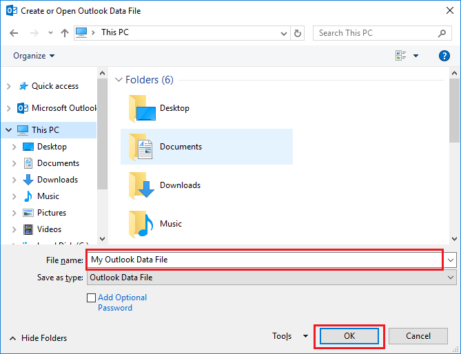 create a new pst file