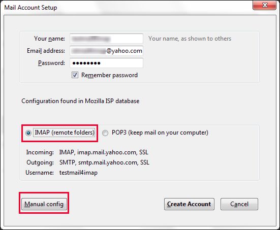 select IMAP account type on Thunderbird for Yahoo mail
