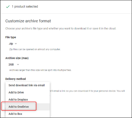 Under delivery method, choose Add to OneDrive option and click Link Account & Create Archive.