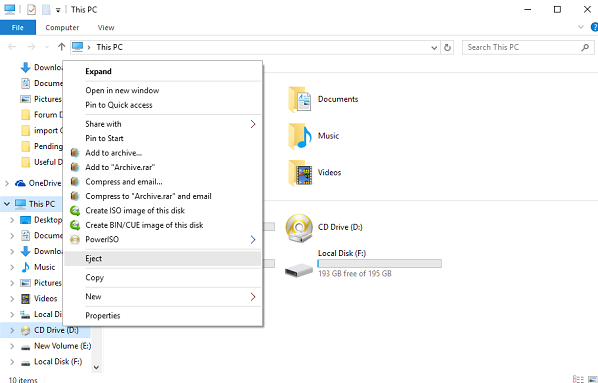 select the Eject option 
