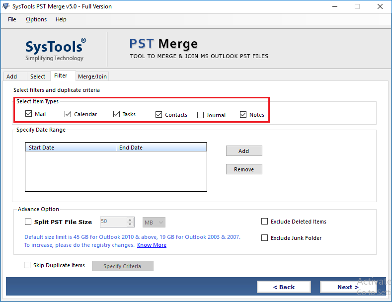Select Outlook PST Data Items