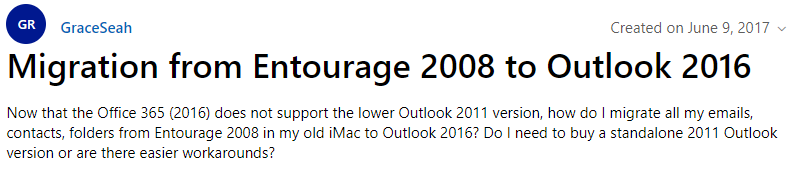 user query for entourage 2008 to outlook 2016 migration