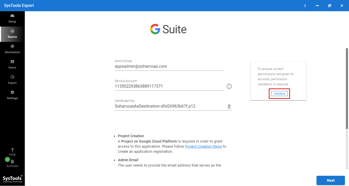 Source permissions validate