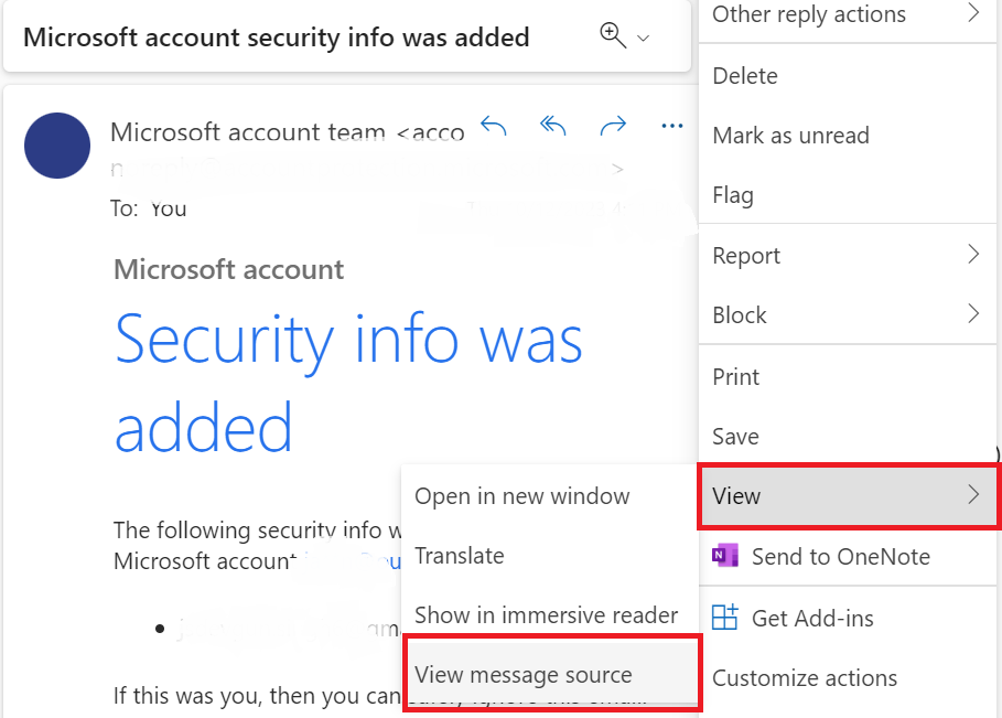 click on view message source to Save Hotmail Emails to Computer