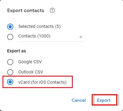 select vcard and export
