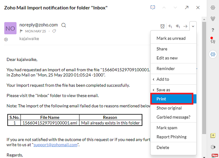 print an email in zoho account
