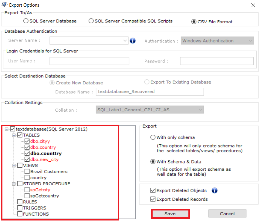 Click export for SQL export to CSV