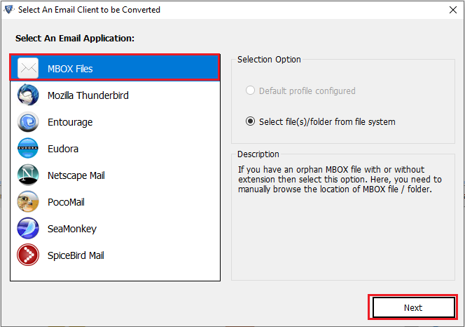 select mbox files option