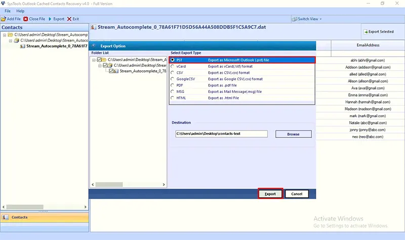 export cached contacts outlook 2010